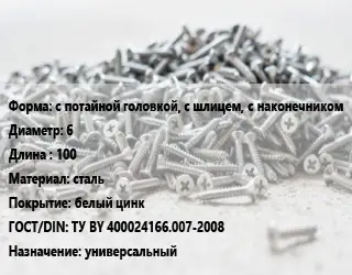 Шуруп с потайной головкой, с шлицем, с наконечником 6х100 сталь белый цинк ГОСТ: ТУ BY 400024166.007-2008 универсальный